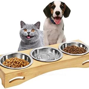 Cinnani Cat Bowl, Set of 3, Raised Dog Bowl, Feeding Bowl with Bamboo Stand, Feeding Station for Cats and Small Dogs, 3 Stainless Steel Bowls, Feeding Bowl for Cats and Dogs, Dog Bowl, Cat Bowl