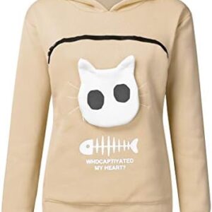 Ducomi Women's Sweatshirt with Pocket, Belt Bag for Cats and Small Dogs, Size and Hood, Shirt with Pocket for Cats, Kangaroo Style, Sportswear, Men and Women, Lovers Animals Beige