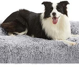FEANDREA Dog Bed, Dog Cushion, Fluffy Dog Mat, Long Plush, 110 x 73 cm, Soft Padding, Machine Washable, Dog Basket, Multifunctional, Portable, Light Grey PGW203G01