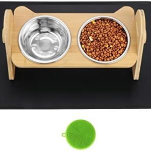 Faankiton Raised Dog Bowl with Stand, Dog Bar Height Adjustable Feeding Bowl for Small Dogs and Cats, Durable Feeding Station Bamboo with 2 Stainless Steel Bowls and Non-Slip Feet