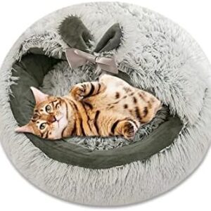 Galatée Pet Cave Bed, Cat Nest with Removable Washable Inner Cushion, Soft Plush Doughnut Bed Cuddly Toy, Soft Fluffy Washable Kitten Bed (S, Grey Rabbit)