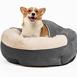 Hewolf Cosy and Comfortable Dog Bed with Hood and Attached Pet Blanket (Grey, L-59 x 59 cm)