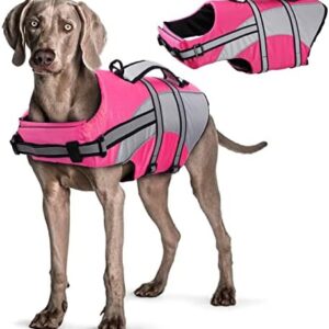 Hjyokuso Dog Life Jacket Adjustable Dog Swimming Vest Float Coat Ripstop Dog Safety Vest Adjustable Preserver with High Buoyancy and Durable Rescue Handle for Small Medium Large Dogs Pink XXL