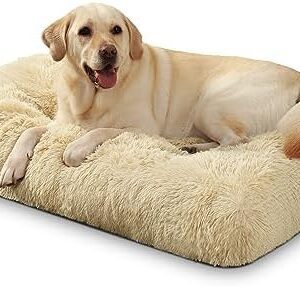 KSIIA Dog Bed for Large Dogs, Washable, Plush Dog Cushion, Fluffy, 105 x 70 cm, Non-Slip Underside, Dog Mat for Large, Medium Dogs, Dog Basket, Dog Mattress, Pet Bed, Beige