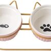 Koomiao Ceramic Cat Bowl with Metal Stand 300 ml Feeding Bowl Cat Neck Protection Ceramic Bowl for Cats or Dogs (Pink + Golden Holder) Set of 2