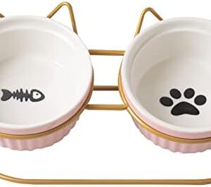 Koomiao Ceramic Cat Bowl with Metal Stand 300 ml Feeding Bowl Cat Neck Protection Ceramic Bowl for Cats or Dogs (Pink + Golden Holder) Set of 2