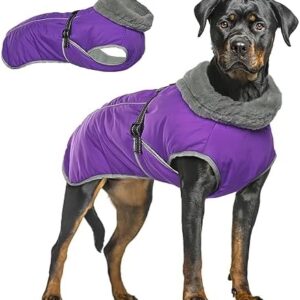 MHaustlie Waterproof Dog Coat, Warm Winter Dog Jacket, Cuddly Dog Jumper with Fleece Lined Reflective Puppy Winter Vest, Winter Warm Jacket for Small Medium Large Dogs (3XL, Purple)