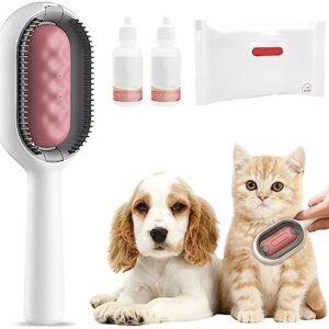 Pet Hair Cleaning Brush, 4-in-1 Cat Brush with Water Tank, Cleaning Solution and Wet Wipes, Self-Cleaning Cat Brush, Pet Grooming, Comb, Cat Hair Brush (Short Hair/Pink))