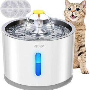 Petiigo Cat Water Fountain, 2.4L Super Quiet Pet Water Fountain, Pet Water Drinking Fountain for Cats Dogs Inside with LED Indicator…