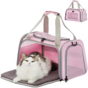 Petsfit Transport Box Cat Dog, Foldable Carry Bag Dog Bag for Cats Small Dog, Portable Dogs Flight Bag Travel Bag for Dogs with Shoulder Strap and Expandable Bed Insert, Pink