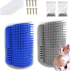 Pinsheng Cat Self Groomer, 2 Pack Wall Corner Massage Comb with Catnip Pouch, Grooming Comb Brush Massage Tool for Cats with Long and Short Fur(Blue&Gray)