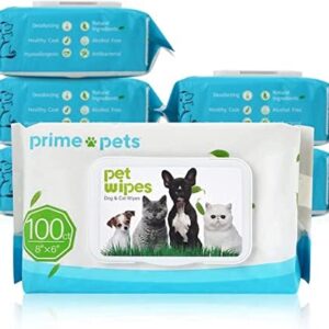 PrimePets Wet Wipes Dog Care Wipes Cat 6 x 100 Pieces Cleaning Wipes for Dogs Cats Deodorising Wipes Natural Antibacterial for Cleaning Faces, Ears Paws