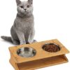 Relaxdays Bowl Station for Cats and Small Dogs, 2 Bowls 300 ml Each, Raised Bamboo and Stainless Steel, 12 x 39 x 19.5 cm, Natural/Silver