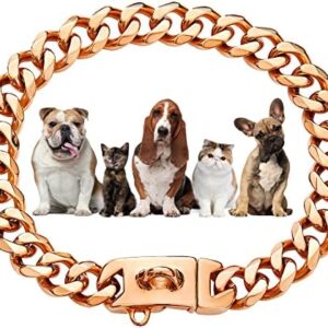 Rose Gold Chain Dog Collar 15mm 18K Gold Cuban Link Dog Collar with Secure Snap Buckle Gold Dog Chain Metal Collar for Medium Large Pitbull (22")