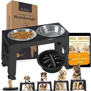 Silberg® Dog Bowl Height-Adjustable 5 Levels 8-31 cm Large Includes Anti-Slinging Bowl with 2 x 1200 ml Dog Bowl and eBook, Non-Slip Feeding Bowl Raised for Small, Medium and Large Dogs and Pets