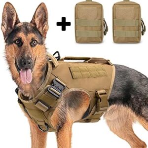 Tactical Dog Harness for Medium and Large Dogs No Pull Adjustable Dog Vest for Training Hunting Walking Military Dog Harness with Handle Service Dog Vest with Molle Panels Khaki,L,with 2 Pouches