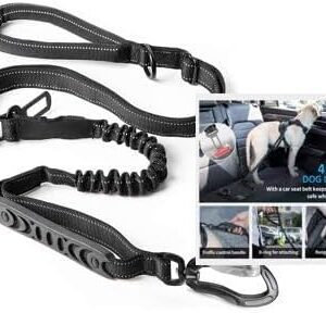 Tapylove Dog Lead – Dog Buckle for Car – Bungee Dog Belt – Flexi Lead – 1.24 m to max. 1.75 m – Suitable for All Hooks (Isofix etc.) – Includes Bag