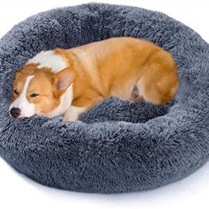 WEASHUME Dog Bed Fluffy Round Cat Bed Flake Dog Cushion Doughnut Dog Bed Made of Plush for Small Medium and Large Dogs, Cats and Other Pets Improved Sleep, Dark Grey, S 60 cm