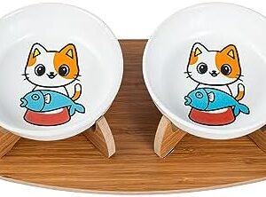 WOODLY Cat Bowls, Ceramic Double Cat Feeding Bowl, Colourful & Cat Bowl, Raised Cat Bowl with Wooden Stand, Set of 2 Cat Feeding Bowls, Feeding Station for Cats and Small Dogs