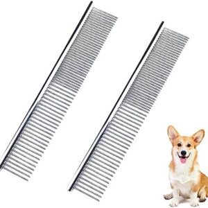 WeddHuis Pack of 2 Pet Steel Comb with Rounded Ends Stainless Steel Teeth, Metal Cat Dog for Removing Tangles and Knots, Poodle Care Deshedding Tool, 7 1/2 Inch L