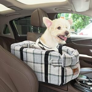 Yokee Dog Car Seat, Dog Booster Car Seat, Center Console Car Dog Seat, Armrest Small Dog Car Travel Seat, Safety Leash, Washable and Durable, Puppy Car Seat（Light Grid）