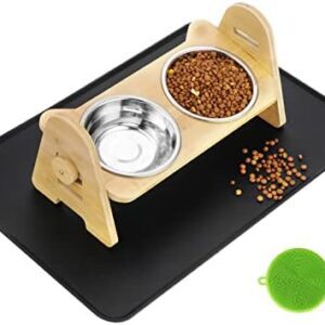 eROOSY Pet Bowls, Raised Dog Bowls for Small Dogs and Cats, 15° Tilted Cat Bowl, 2 Stainless Steel Pet Bowls with Non-Slip Silicone Mat and Dishwasher Brush