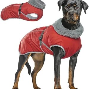 MHaustlie Waterproof Dog Coat, Warm Winter Dog Jacket, Cuddly Dog Jumper with Fleece Lined Reflective Puppy Winter Vest, Winter Warm Jacket for Small Medium Large Dogs (3XL, Red)