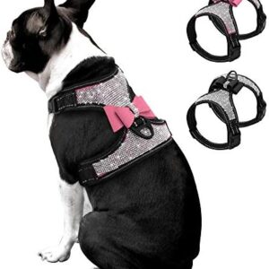 Beirui Rhinestone Dog Harness - No Pull Reflective Bling Nylon Dog Vest with Sparkly Bow Tie for Small Medium Large Dogs Walking Party Wedding,Pink,S