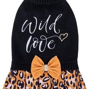 CuteBone Leopard Brown Dog Sweater Dress Wild Love Knit Turtleneck Puppy Sweater with Bowtie Harness Hole Pullover Winter Dress for Medium Large Dogs