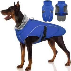 Dog Coat Winter, Waterproof Puppy Warm Jacket Vest Reflective Dog Jacket Fleece Lined Winter Coat with Fleece Collar Winter Dog Clothing (Blue, XL)