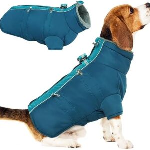 Dog Coat, Winter Windproof Waterproof with Reflective Stripes Harness Belly Protection Cuddly Clothing in Cold Weather for Small Medium Large Dogs (Blue, 2XL