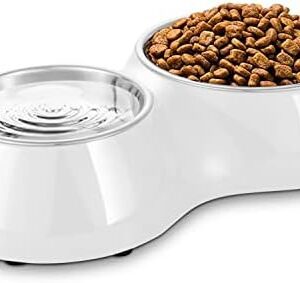 Flexzion Pet Feeder Feeding Drinking Stand Tray Station with Stable Plastic Dual Double Diner Stainless Steel Bowls Removable Dishes Food Water Holder for Dog Cat Puppies (White)