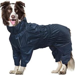 Geyecete - Raincoat for Dogs with Four Legs, Dog Rain Jackets, Trouser Suit with Harness Hole, Reflective Full Wrap Elastic Waterproof Coat for Large, Medium and Small Dogs, Navy Blue, S