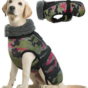 Kuoser Extras Warm Dog Coat, Waterproof Dog Jacket, Dog Coat for Small Dogs, Dog Winter Coat, Dog Coat for Large Dogs, Dog Coat Winter Outdoor, Rose Camouflage, XXL