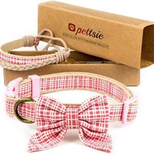 Pettsie Dog Collar Bow Tie & Owner Friendship Bracelet, Adjustable Size Small & Medium, Durable, Pet-Friendly Hemp with Fancy Cotton Pattern, Strong D-Ring for Accessories, Gift Box Included (M, Pink)