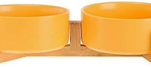 Yellow Ceramic Cat Dog Bowl Dish with Wood Stand No Spill Pet Food Water Feeder Cats Small Dogs Set of 2