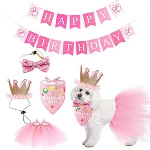 Mitili Dog Birthday Party Decorations - Pet Girl Pink Princess Style, Dog Birthday Triangle Bandana Crown Hat Tutu Scarf Collar Bow Happy Birthday Banner for Pet Dog House Cat (5-Pack)