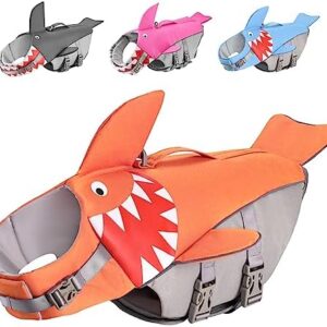 Dog Life Jacket: Shark Dog Life Jacket, Waterproof Swimming Aid Dog Life Saver with Handle and Reflectors for Pet Swimming Rafting Boat Driving Surfing Training Waters (Orange L)