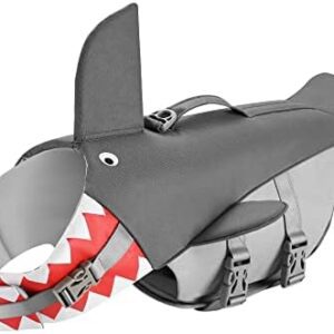 Dog Life Jacket: Shark Dog Life Jacket, Waterproof Swimming Aid Dog Life Saver with Handle and Reflectors for Pet Swimming Rafting Boat Driving Surfing Training Waters (Grey L)