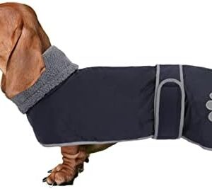 Geyecete - Dog Winter Coat for Dachshund, Dog Jackets with Plush Lining and Wiring Harness Hole, Waterproof, Windproof, Reflective Outdoor Dog Clothes for Medium and Small Dachshund Dog Navy Blue L