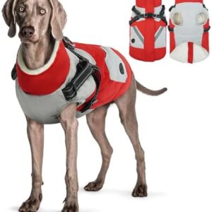 Hjyokuso Waterproof Dog Coat, Dog Jacket with Harness, Dog Jackets for Small, Medium, Large Dogs, Windproof Pet Clothing Outfit with Reflective Stripes and Zip, Red, 3XL