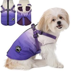 Savlot Winter Dog Coat, Warm Fleece Dog Jacket for Cold Weather, Reflective Snowproof Dog Vest with Zip, Dog Vest, Harness, Puppy, Winter 2-in-1 Outfit (XL, Purple)
