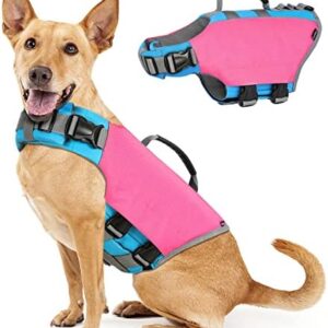 VavoPaw Dog Life Jacket, Life Jacket for Dogs with High Buoyancy Rescue Handle, Adjustable Ripstop Safety Vest Float Lifesaver Vest Reflective Stripes for Swimming Boating Dogs, Large Size, Rose Red
