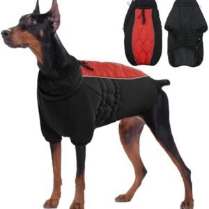 Kuoser Dog Coat, Winter Warm Dog Jacket, Dog Coat for Small, Medium, Large Dogs, Waterproof Dog Coat with Reflective Stripes and Zip, Red, XXXL