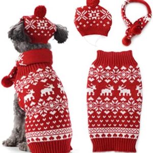 ABRRLO Dog Christmas Jumper Scarf Hat Set Dog Christmas Sweater Pet Dog Christmas Jumper Dog Jumper Red Reindeer Warm Winter (S, Red)