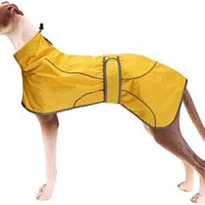 Geyecete - Lightweight Greyhound Raincoat, Adjustable Waterproof Dog Coat for Whippet, Reflective Dog Rain Jacket Poncho with Harness Hole, for Greyhounds, Lurchers and Whippets, Saluski Yellow, XXXL
