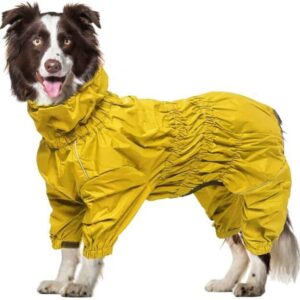 Geyecete - Raincoat for Dogs with Four Legs, Dog rain Jacket, Trouser Suit with Harness Hole, Reflective Full wrap Elastic Waterproof Coat for Large Medium and Small Dogs, Yellow-L