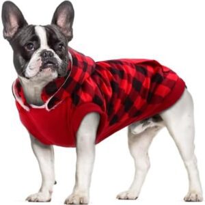 Hjumarayan Dog Coat with Harness Hole Reflective Striped Dog Clothes Winter Warm Tartan Dog Coat Jacket Christmas Dog Outfits for Small Dogs Puppy Medium Dog Fleece Coat (Red, M)