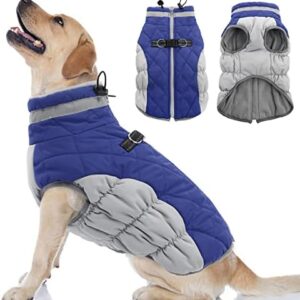OUOBOB Dog Coat, Dog Jackets for Large Dogs, Dog Winter Coat with Harness Built in, Dog Cold Weather Coats Waterproof, Reflective Dog Snowsuit, Dog Winter Jacket Windproof, Dog Puffer Jacket Blue 3XL