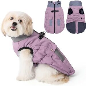 Savlot Warm Dog Winter Coat Jacket for Cold Weather Windproof Reflective Turtleneck Dog Vest with D-Ring for Lead, Dog Jacket, Pet Clothing (XS, Purple) (S, Pink)